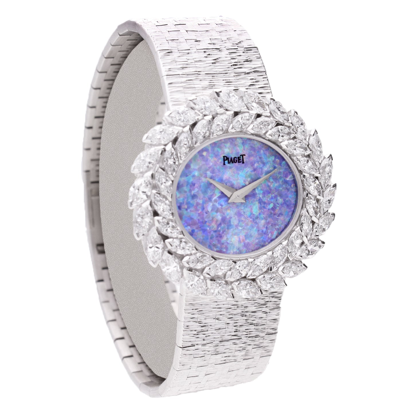 18ct white gold and diamond set Piaget ref. 9385 bracelet watch with opal dial. Made 1973