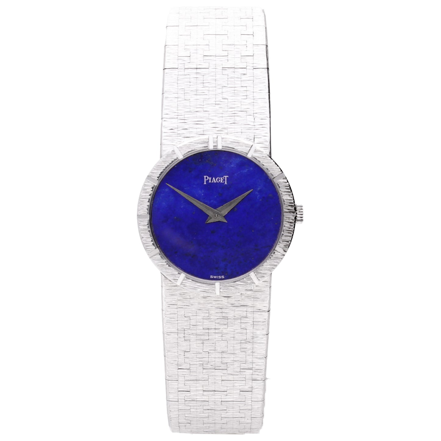 18ct white gold Piaget ref. 9701 bracelet watch with lapis lazuli dial and chapter engraved bezel. Made 1970