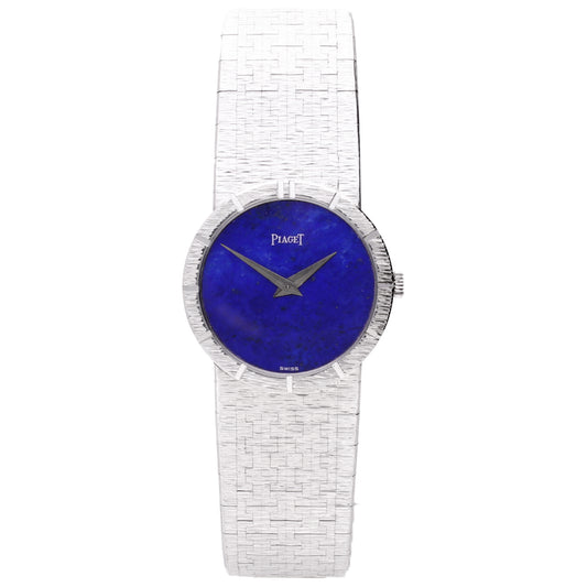 18ct white gold Piaget ref. 9701 bracelet watch with lapis lazuli dial and chapter engraved bezel. Made 1970