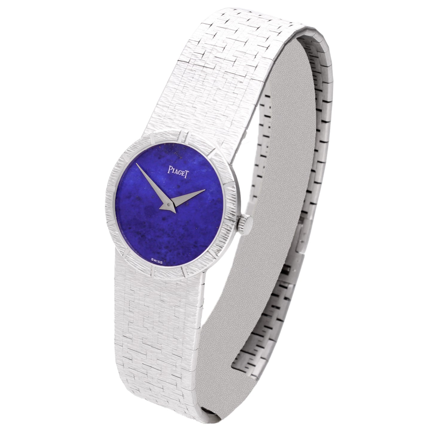 18ct white gold Piaget ref. 9701 bracelet watch with lapis lazuli dial and chapter engraved bezel. Made 1970