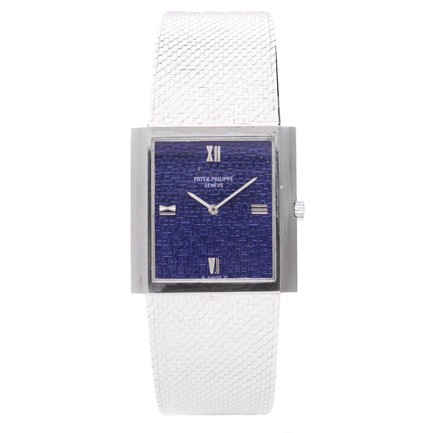 18ct white gold Patek Philippe ref. 3571/1 rectangular case wristwatch with blue textured dial. Made 1973