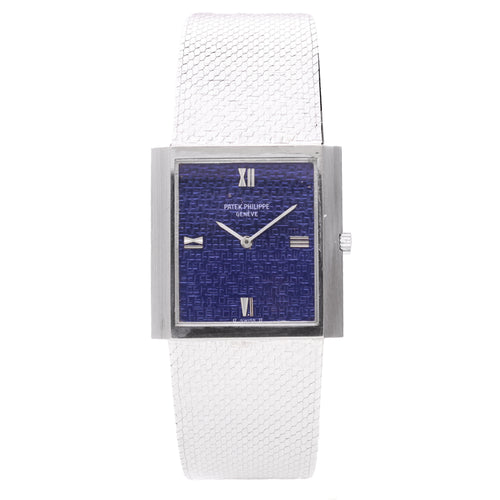 18ct white gold Patek Philippe ref. 3571/1 rectangular case wristwatch with blue textured dial. Made 1973