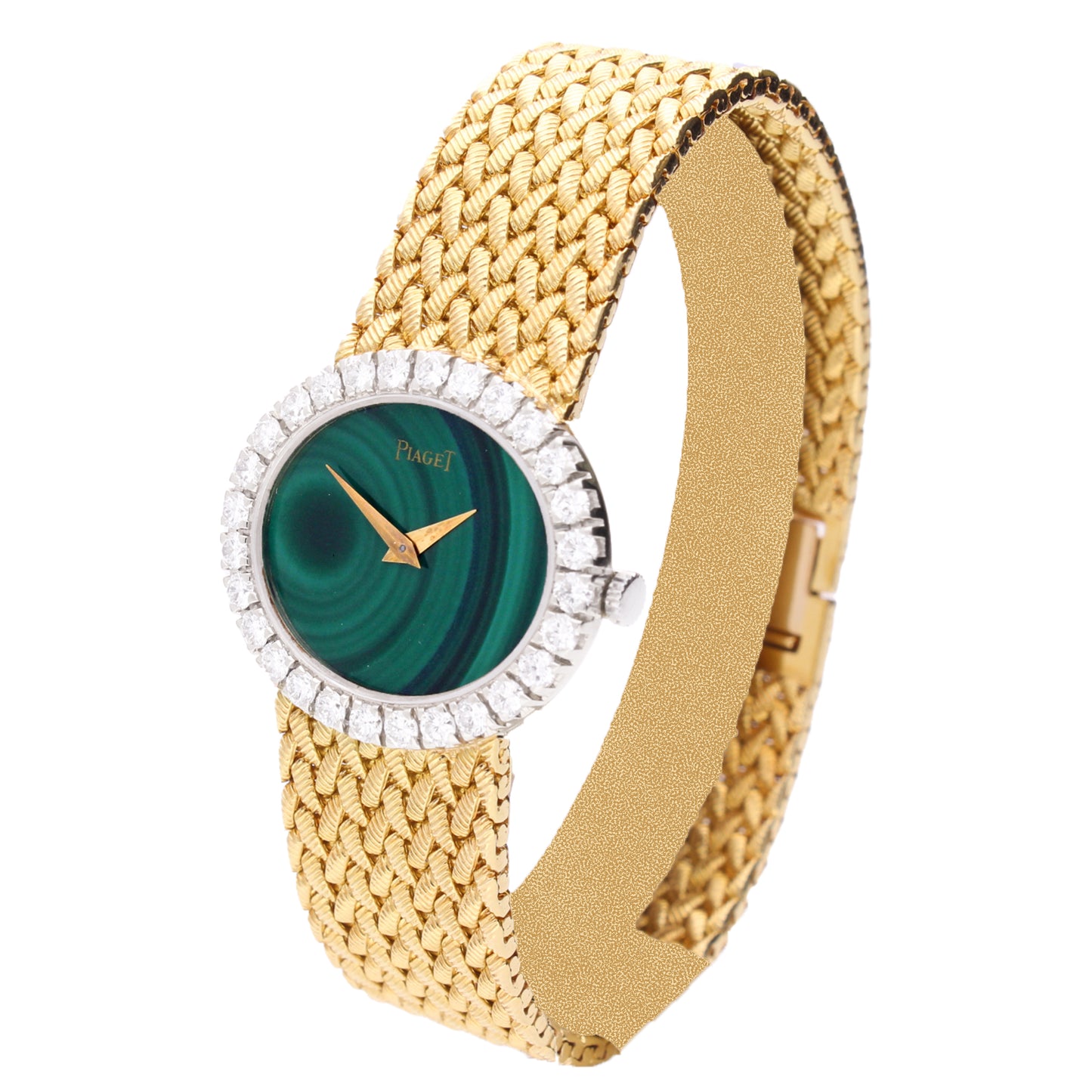 18ct yellow gold Piaget malachite dial and diamond set bezel bracelet watch. Made 1970