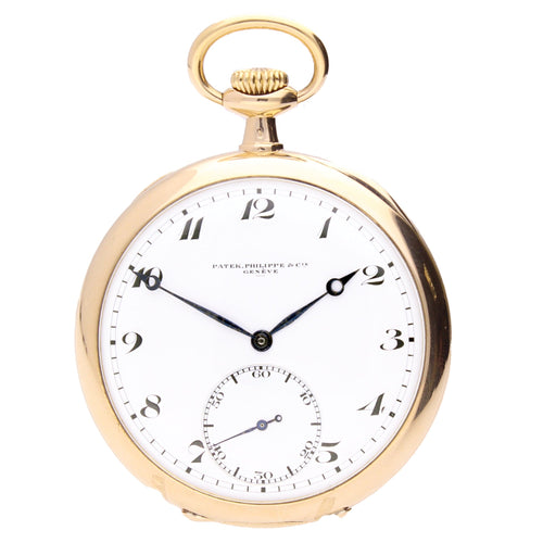 18ct yellow gold Patek Philippe open face pocket watch with enamel dial. Made 1919