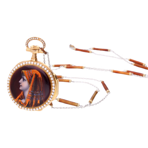 18ct rose gold Patek Philippe enamel pendant watch. Made 1891