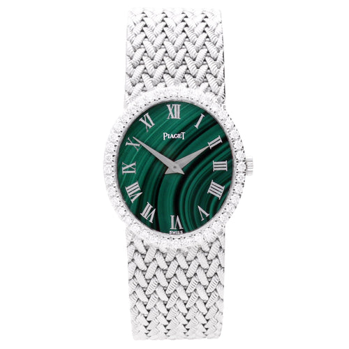 18ct White gold Piaget malachite dial wristwatch. Made 1970