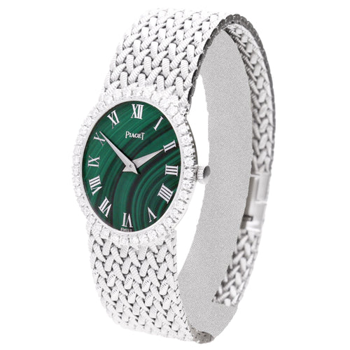 18ct White gold Piaget malachite dial wristwatch. Made 1970