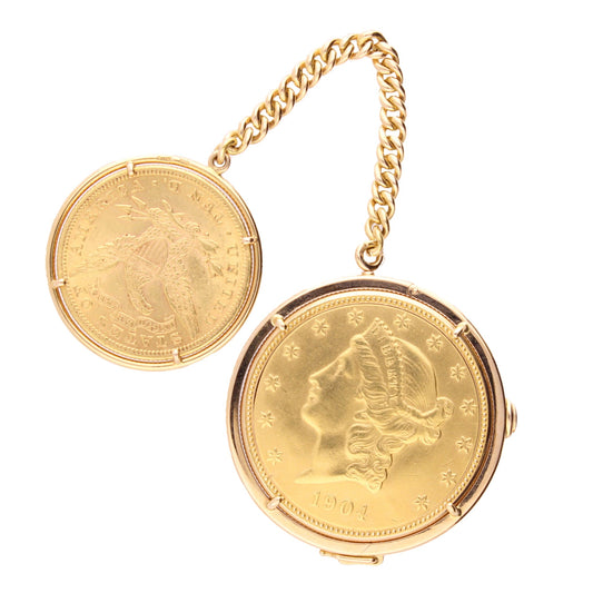 18ct yellow gold Piaget USD $20 coin pocket watch with USD $10 fob watch. Made 1979