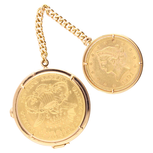 18ct yellow gold Piaget USD $20 coin pocket watch with USD $10 fob watch. Made 1979