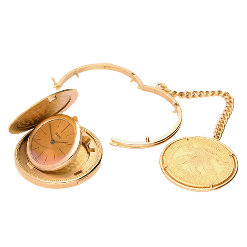 18ct yellow gold Piaget USD $20 coin pocket watch with USD $10 fob watch. Made 1979