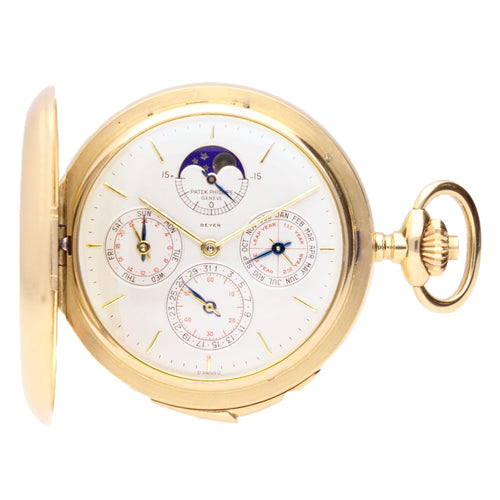 18ct yellow gold Patek Philippe Hunter case, perpetual calendar minute repeating pocket watch, retailed by BEYER. Made 1982