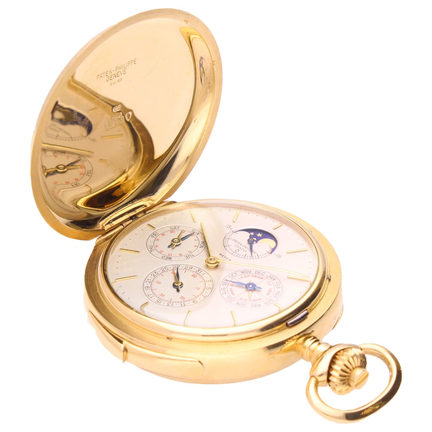 18ct yellow gold Patek Philippe Hunter case, perpetual calendar minute repeating pocket watch, retailed by BEYER. Made 1982