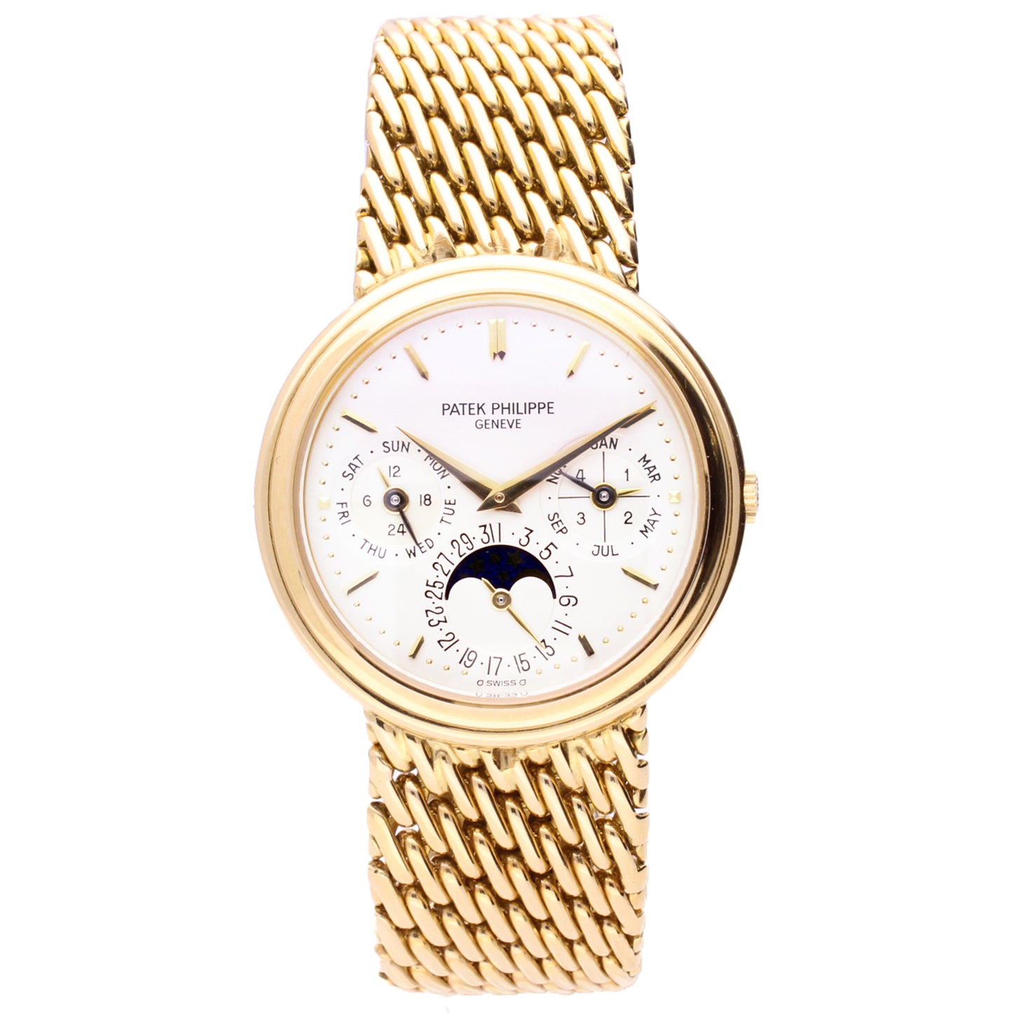 18ct yellow gold Patek Philippe ref. 3945/1 automatic wristwatch with perpetual calendar and monophases. Made 1989