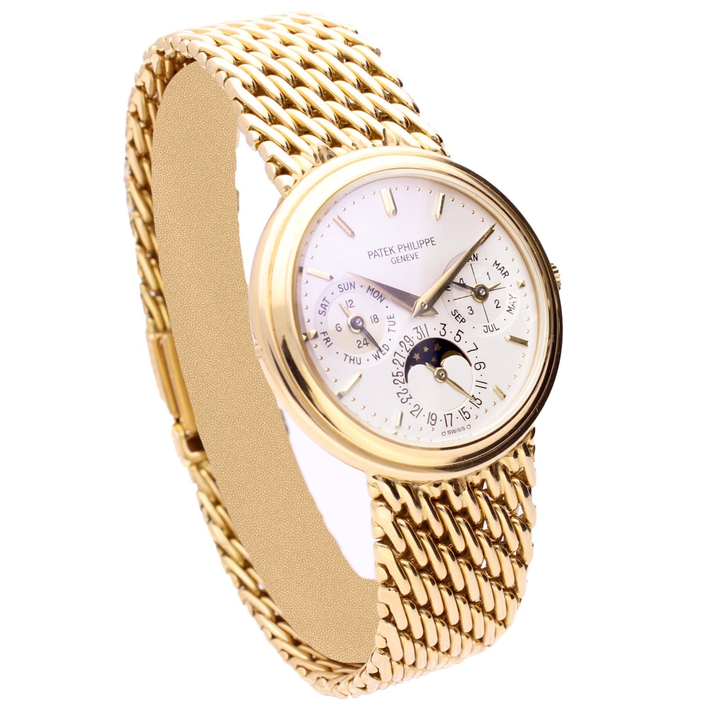 18ct yellow gold Patek Philippe ref. 3945/1 automatic wristwatch with perpetual calendar and monophases. Made 1989