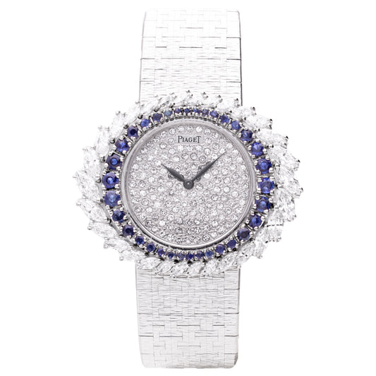 18ct white gold Piaget ref. 9178 diamond and sapphire set bracelet watch. Made 1970