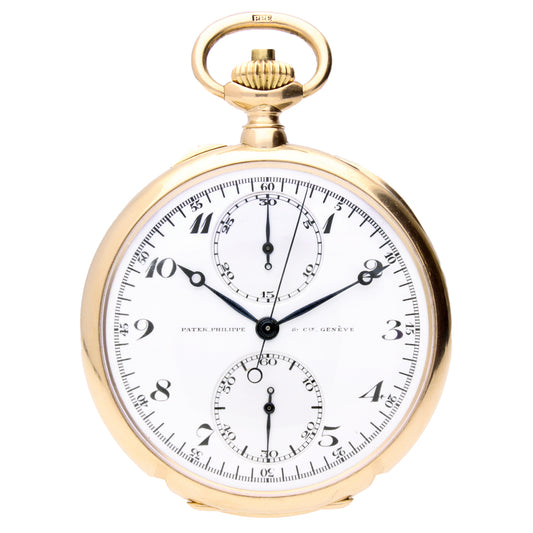 18ct yellow gold Patek Philippe open face chronograph pocketwatch.