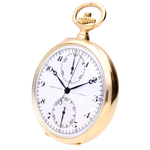 18ct yellow gold Patek Philippe open face chronograph pocketwatch.