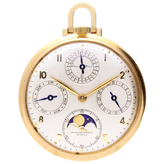 18ct yellow gold Patek Philippe ref. 725 open face, perpetual calendar pocket watch with moon phases. Made 1941