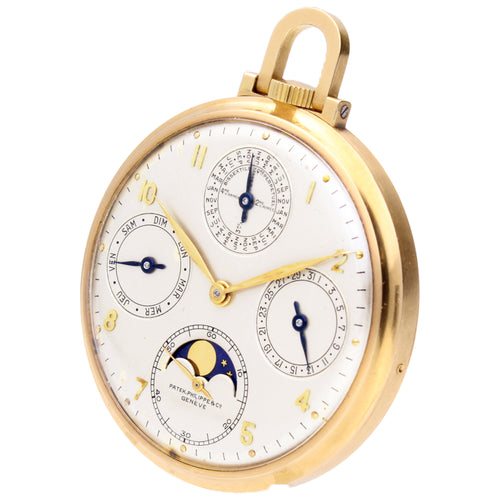 18ct yellow gold Patek Philippe ref. 725 open face, perpetual calendar pocket watch with moon phases. Made 1941