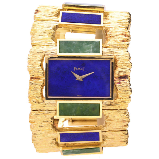 18ct yellow gold Piaget ref. 9212 lapis lazuli and jadeite set cuff watch. Made 1969