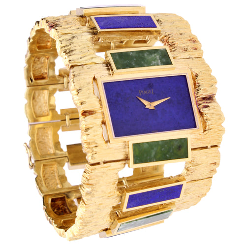 18ct yellow gold Piaget ref. 9212 lapis lazuli and jadeite set cuff watch. Made 1969