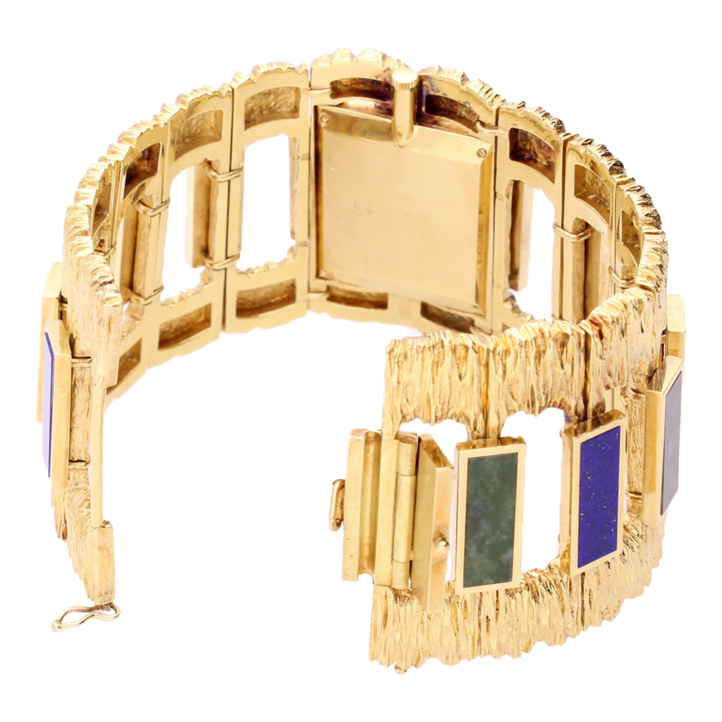 18ct yellow gold Piaget ref. 9212 lapis lazuli and jadeite set cuff watch. Made 1969