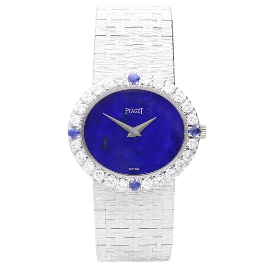 18ct white gold Piaget ref. 9804 bracelet watch with lapis lazuli dial and diamond set bezel with sapphire quarters. Made 1970