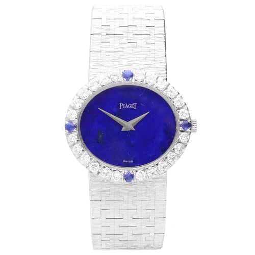 18ct white gold Piaget ref. 9804 bracelet watch with lapis lazuli dial and diamond set bezel with sapphire quarters. Made 1970