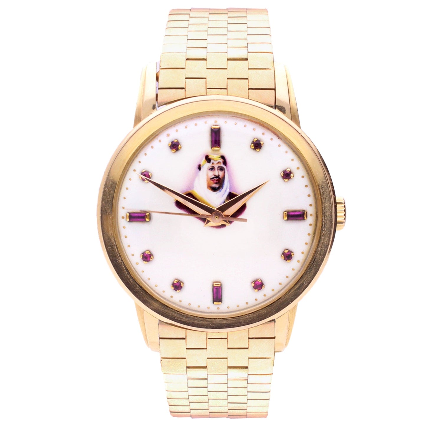 18ct rose gold Patek Philippe ref. 2481 Bracelet watch with enamel portrait of Abdulaziz “Ibn Saud” with ruby hour indices. Made 1955