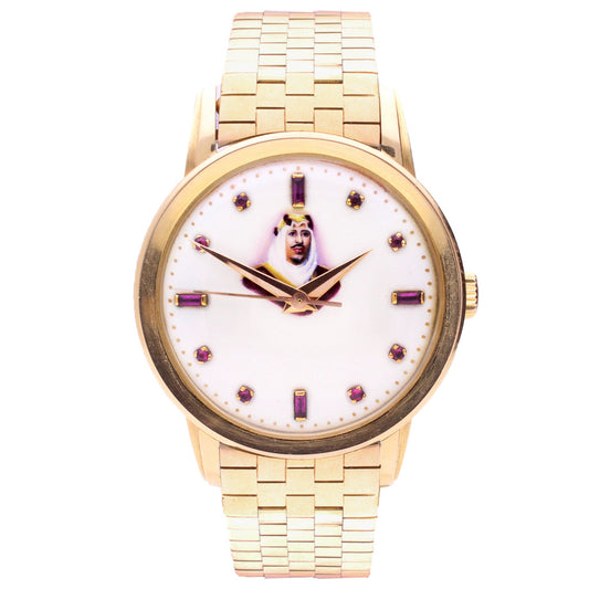 18ct rose gold Patek Philippe ref. 2481 Bracelet watch with enamel portrait of Abdulaziz “Ibn Saud” with ruby hour indices. Made 1955
