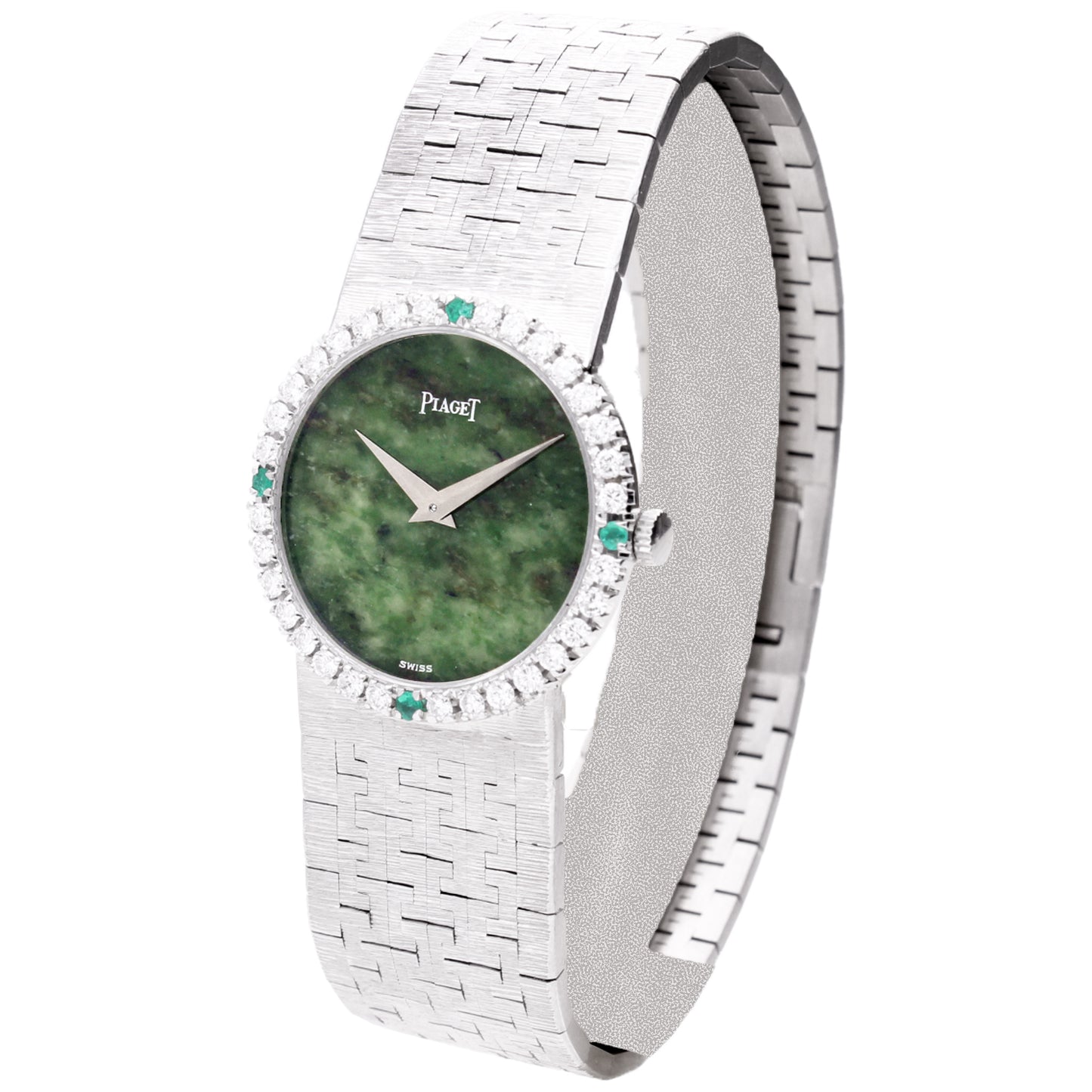 18ct white gold Piaget ref. 9706 bracelet watch with jadeite dial. Made 1970