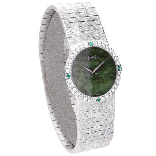 18ct white gold Piaget ref. 9706 bracelet watch with jadeite dial. Made 1970