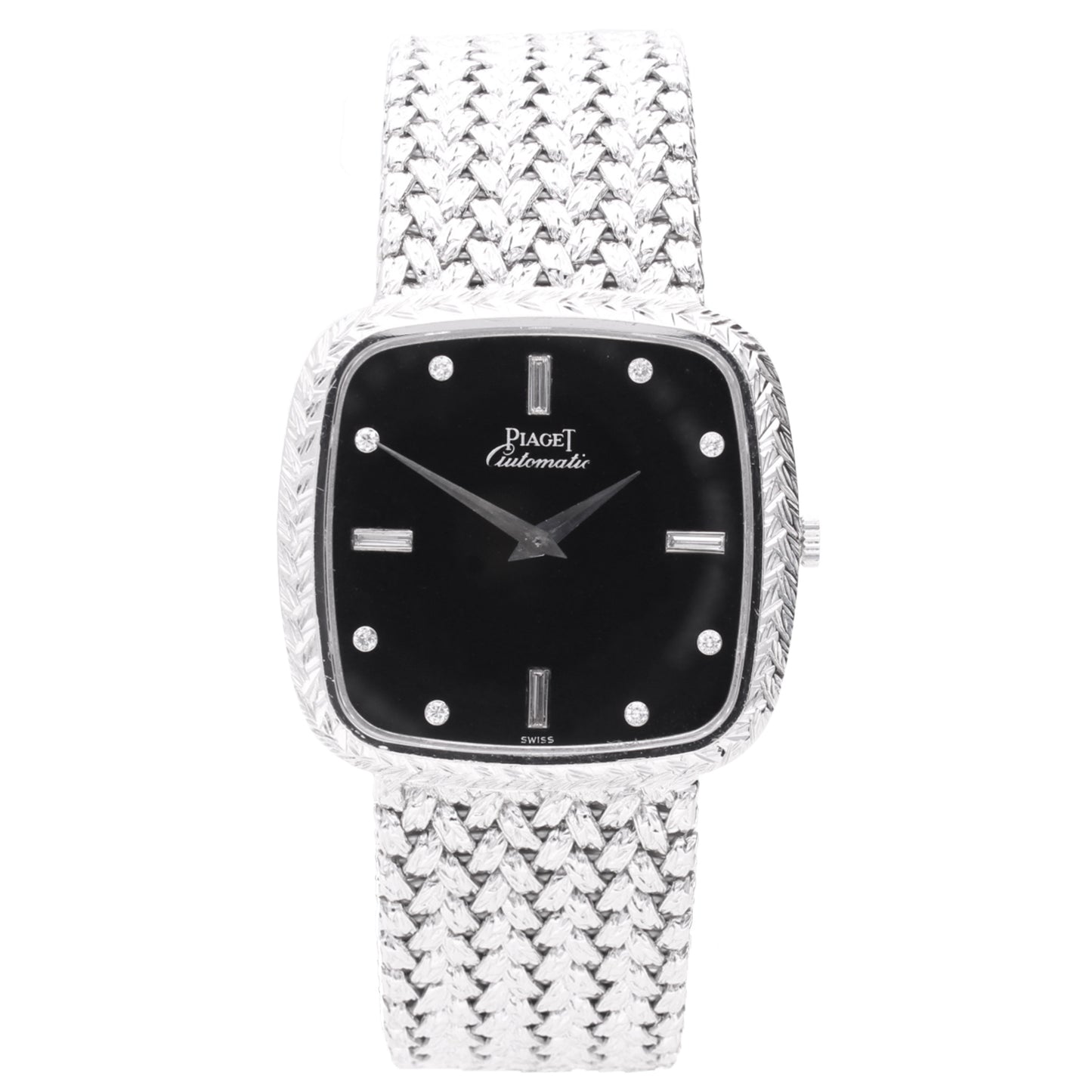 18ct white gold Piaget ref. 12773 automatic bracelet watch with onyx dial and diamond set hour indices. Made 1978