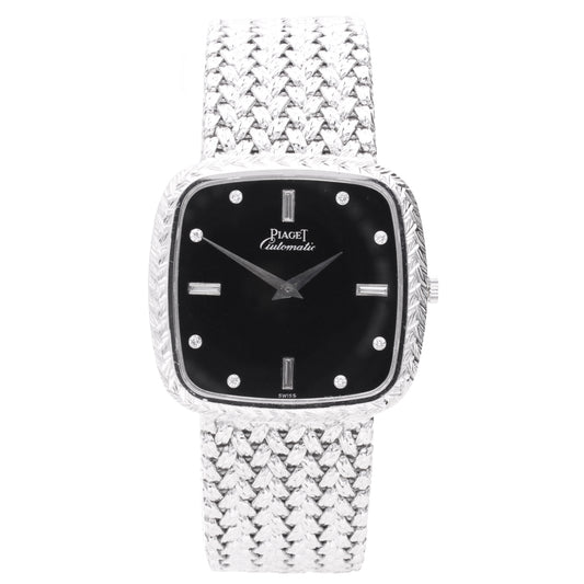 18ct white gold Piaget ref. 12773 automatic bracelet watch with onyx dial and diamond set hour indices. Made 1978