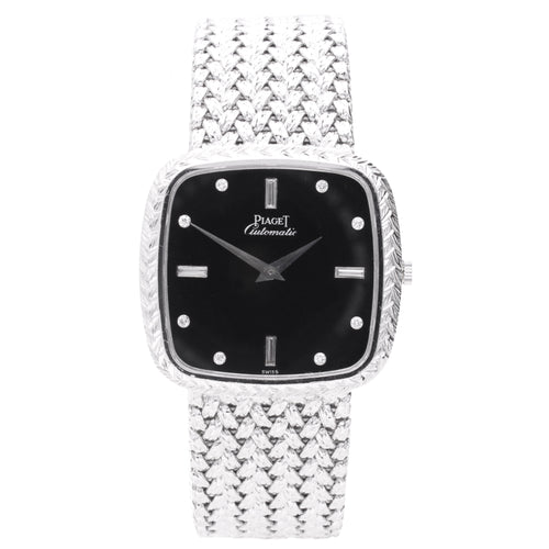 18ct white gold Piaget ref. 12773 automatic bracelet watch with onyx dial and diamond set hour indices. Made 1978