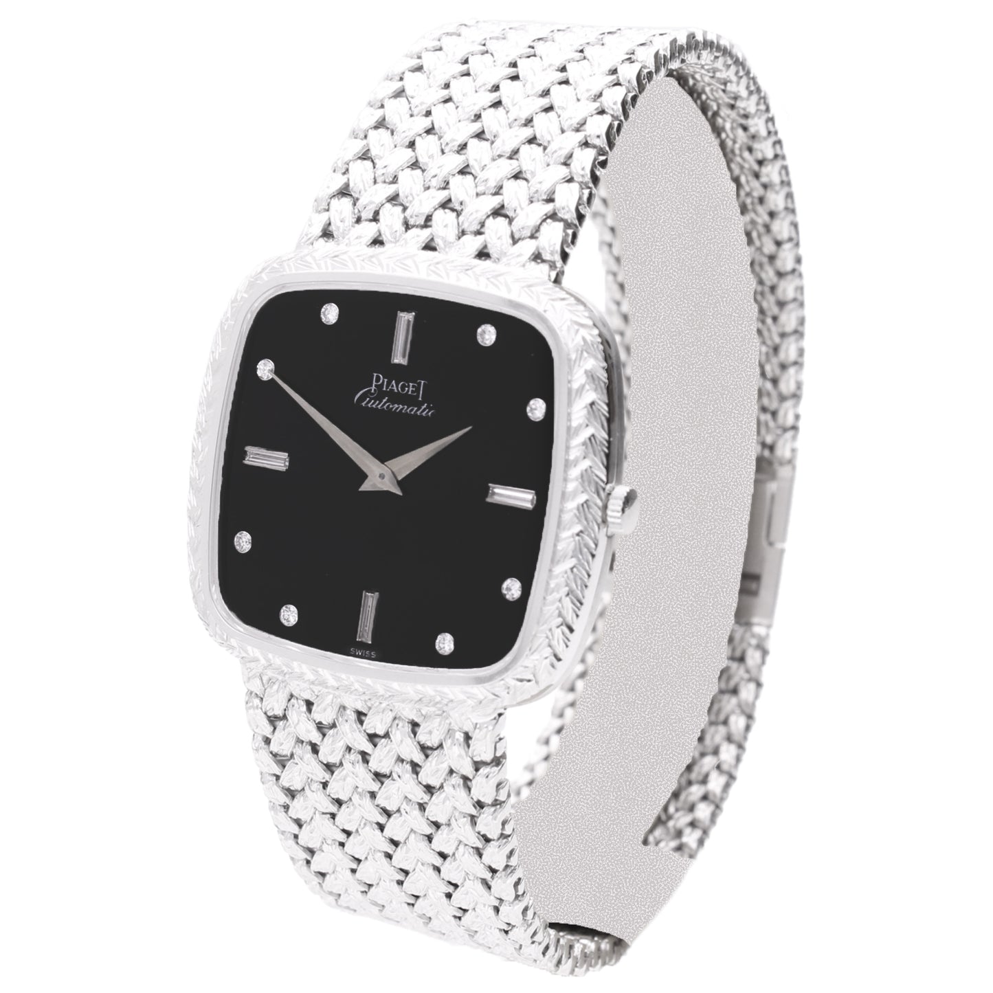 18ct white gold Piaget ref. 12773 automatic bracelet watch with onyx dial and diamond set hour indices. Made 1978