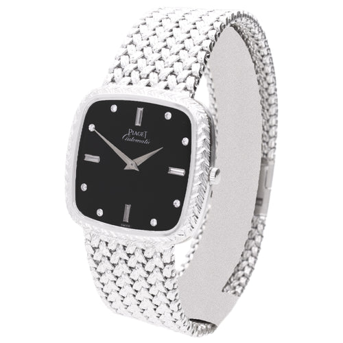 18ct white gold Piaget ref. 12773 automatic bracelet watch with onyx dial and diamond set hour indices. Made 1978
