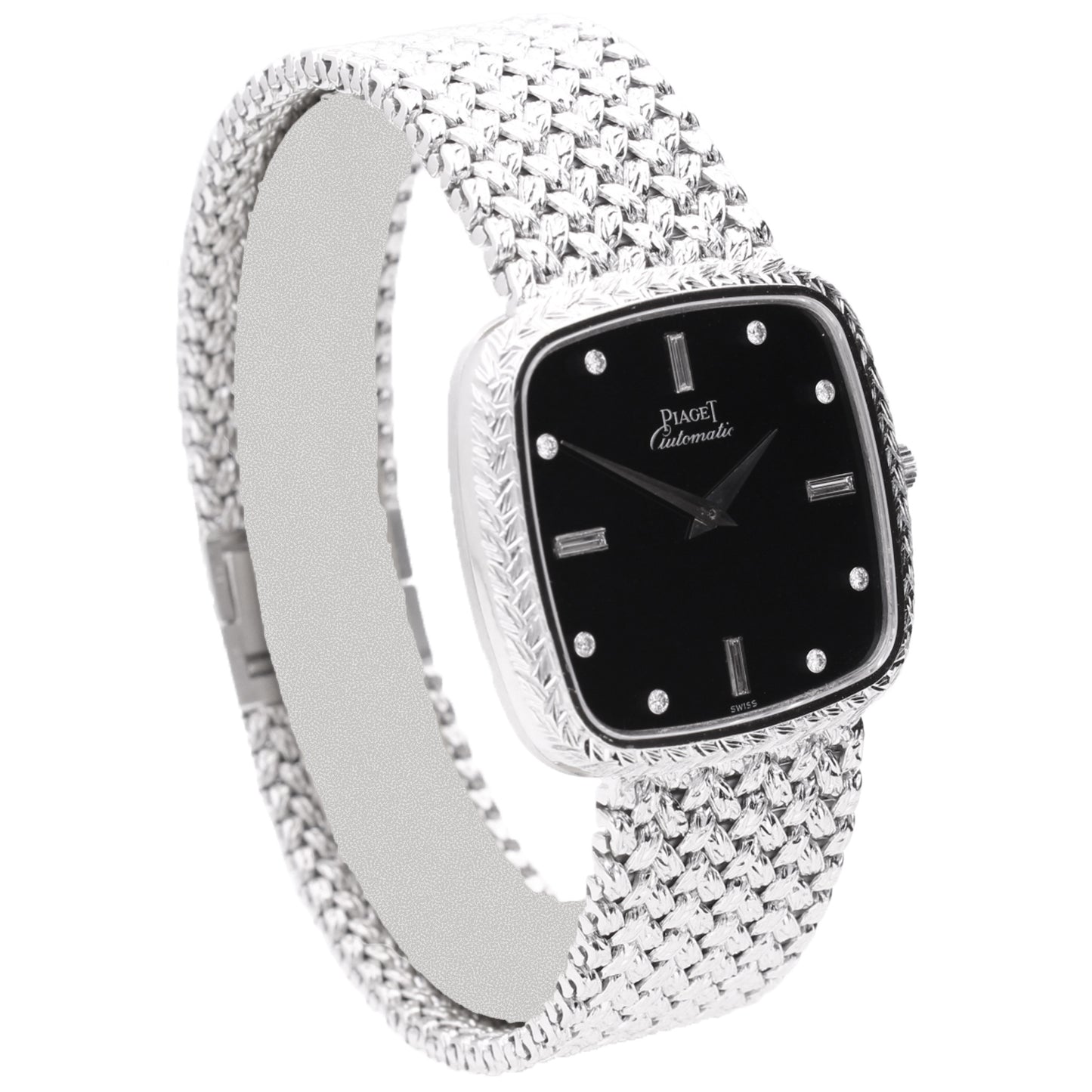 18ct white gold Piaget ref. 12773 automatic bracelet watch with onyx dial and diamond set hour indices. Made 1978