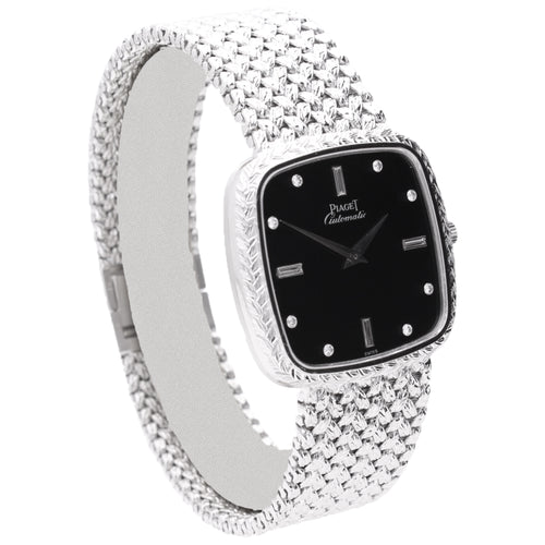 18ct white gold Piaget ref. 12773 automatic bracelet watch with onyx dial and diamond set hour indices. Made 1978