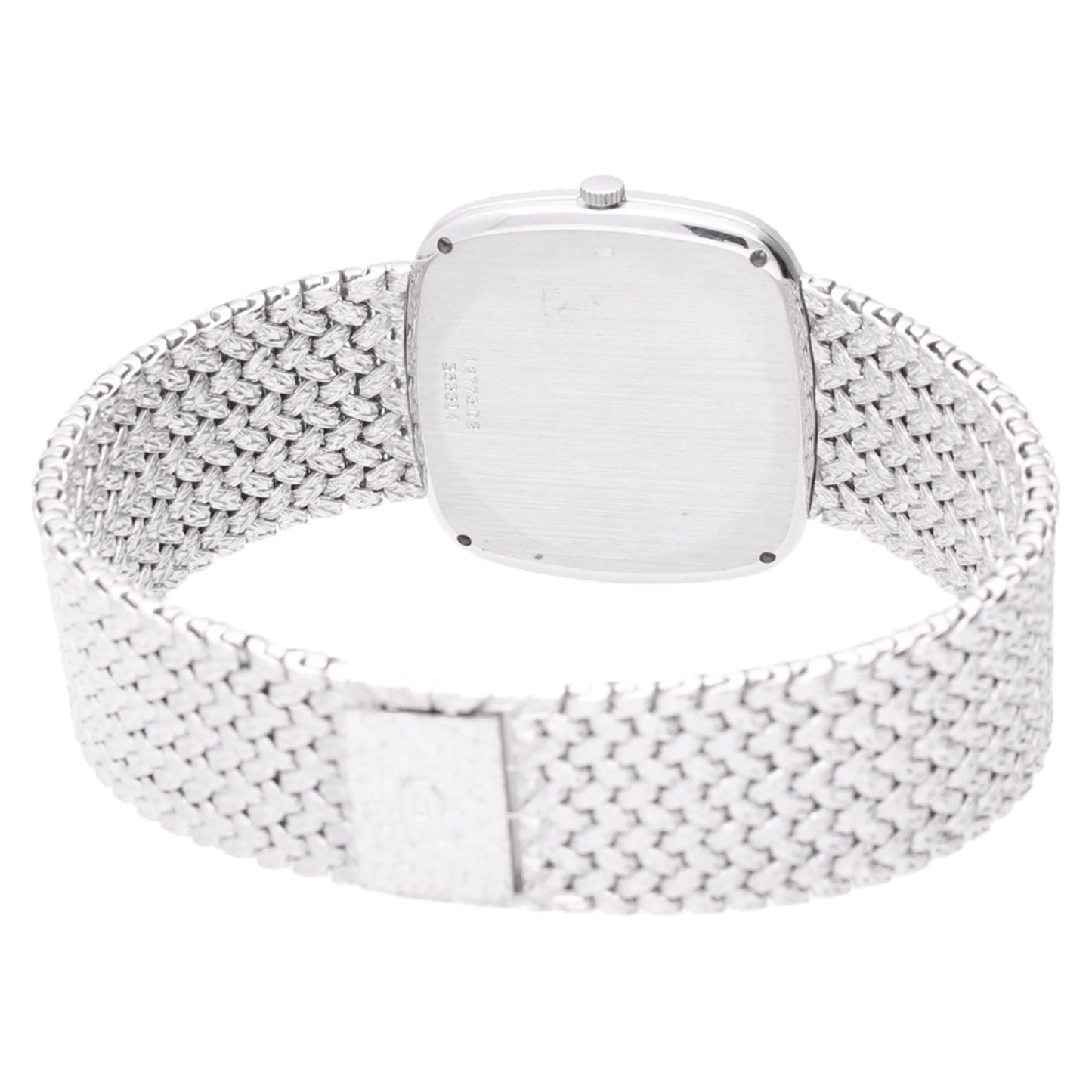 18ct white gold Piaget ref. 12773 automatic bracelet watch with onyx dial and diamond set hour indices. Made 1978