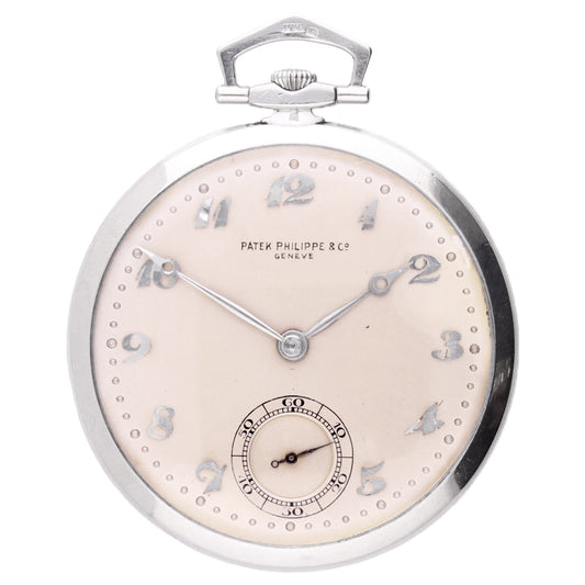 Platinum Patek Philippe open face pocket watch with Breguet numerals.