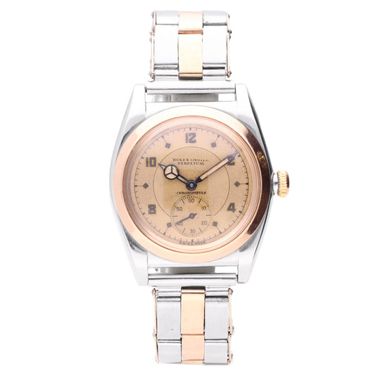 Steel & 18ct rose gold Rolex 'Bubbleback' Oyster Perpetual bracelet watch with rose dial and bezel. Made 1940