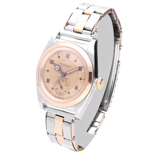 Steel & 18ct rose gold Rolex 'Bubbleback' Oyster Perpetual bracelet watch with rose dial and bezel. Made 1940