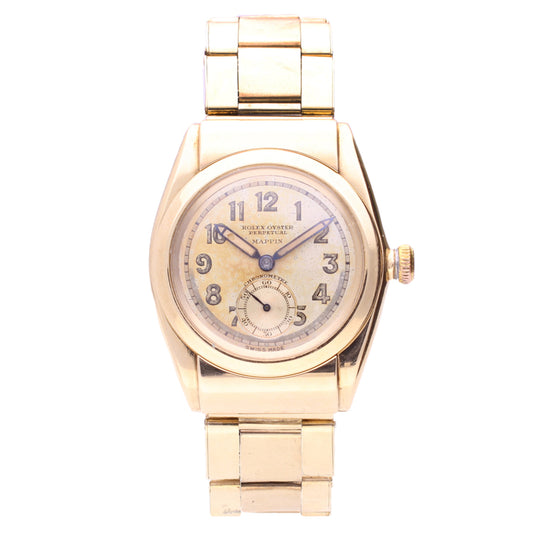 14ct yellow gold Rolex 'bubbleback' Oyster Perpetual wristwatch, retailed by Mappin & Webb. Made 1940