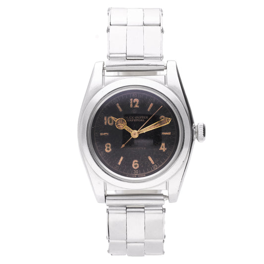 Stainless steel Rolex ref. 2940 'Bubbleback' Oyster Perpetual bracelet watch with black dial. Made 1940