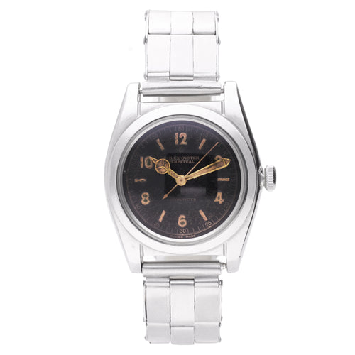 Stainless steel Rolex ref. 2940 'Bubbleback' Oyster Perpetual bracelet watch with black dial. Made 1940