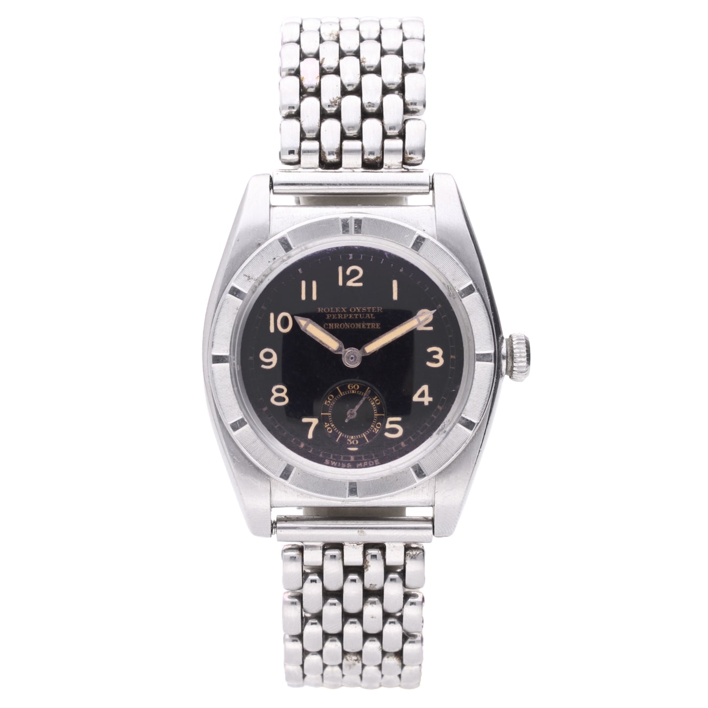 Stainless steel Rolex ref. 3372 Bubbleback Oyster Perpetual bracelet watch with black dial. Made 1940