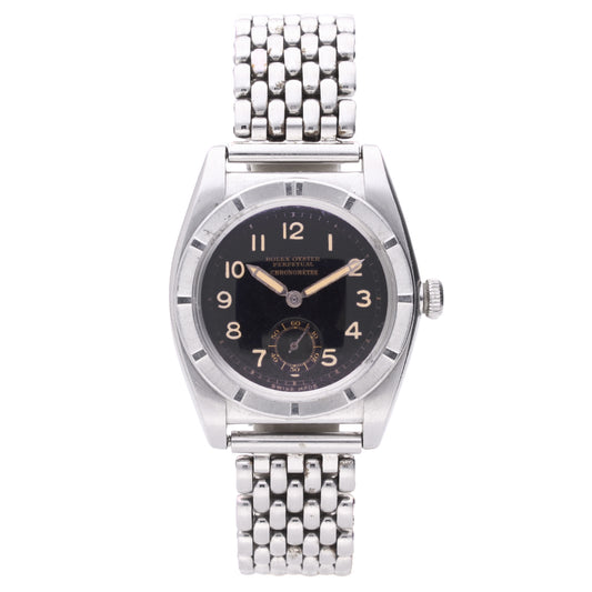 Stainless steel Rolex ref. 3372 Bubbleback Oyster Perpetual bracelet watch with black dial. Made 1940