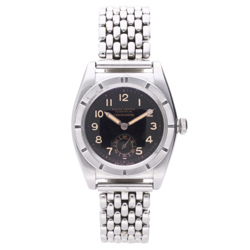 Stainless steel Rolex ref. 3372 Bubbleback Oyster Perpetual bracelet watch with black dial. Made 1940