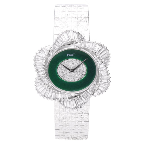 18ct white gold Piaget ref. 9802 bracelet watch with enamel & pavé diamond dial. Made 1977